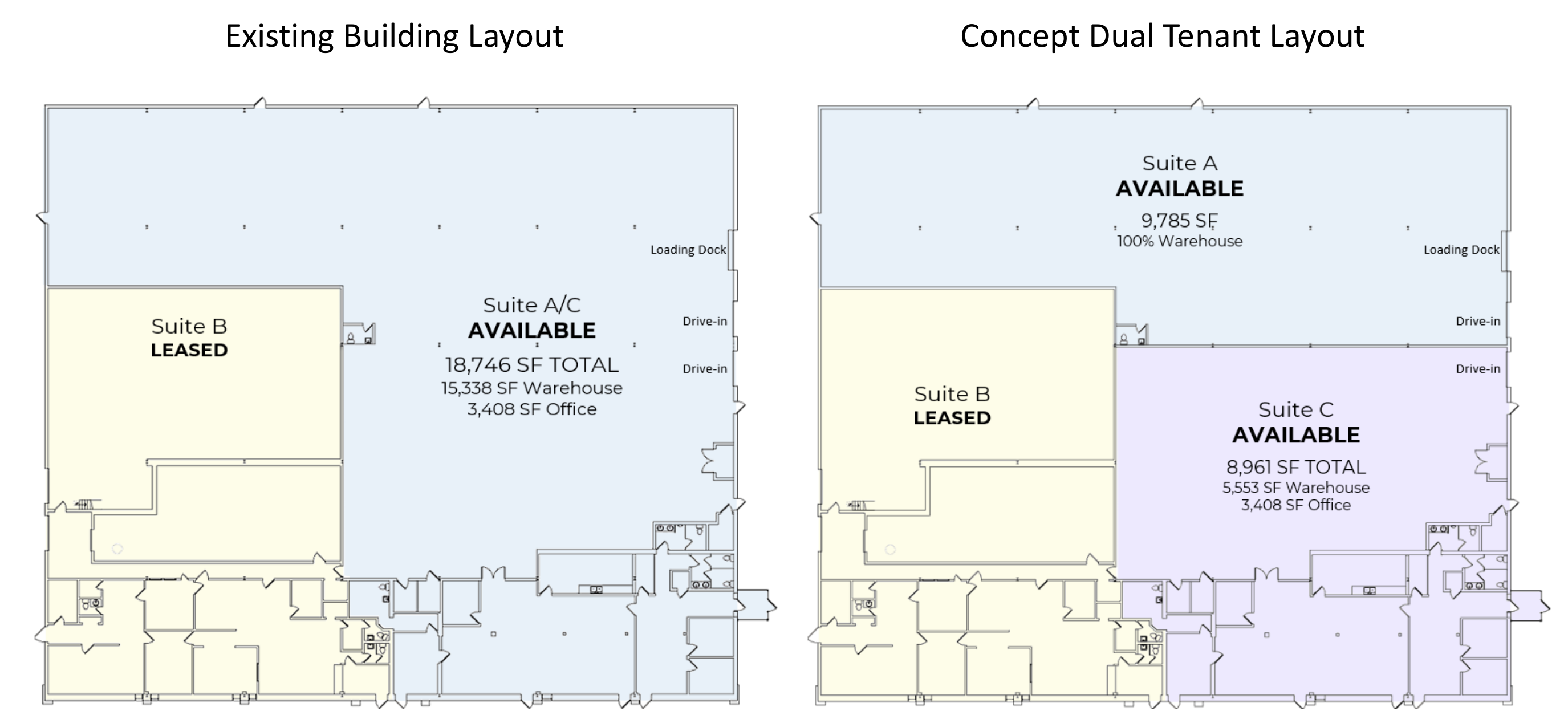 15 Gloria Lane existing and concept dual-tenant floor plans